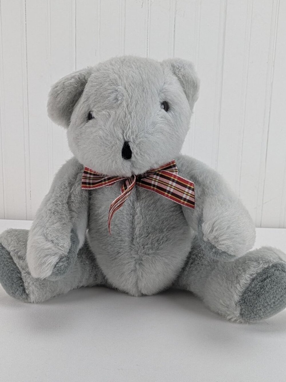 Vintage Walmart Gray Teddy Bear Plush 12" Stuffed Animal Jointed Grey Plaid Bow